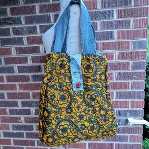 Upcycled Reversible Denim w/ Tanzanian Kanga Tote Bag-Yellow Floral-Handmade